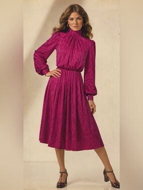 Vintage 70s Richard Warren for‎ Saks Pink Jacquard Midi Dress USA ILGWU Size 10